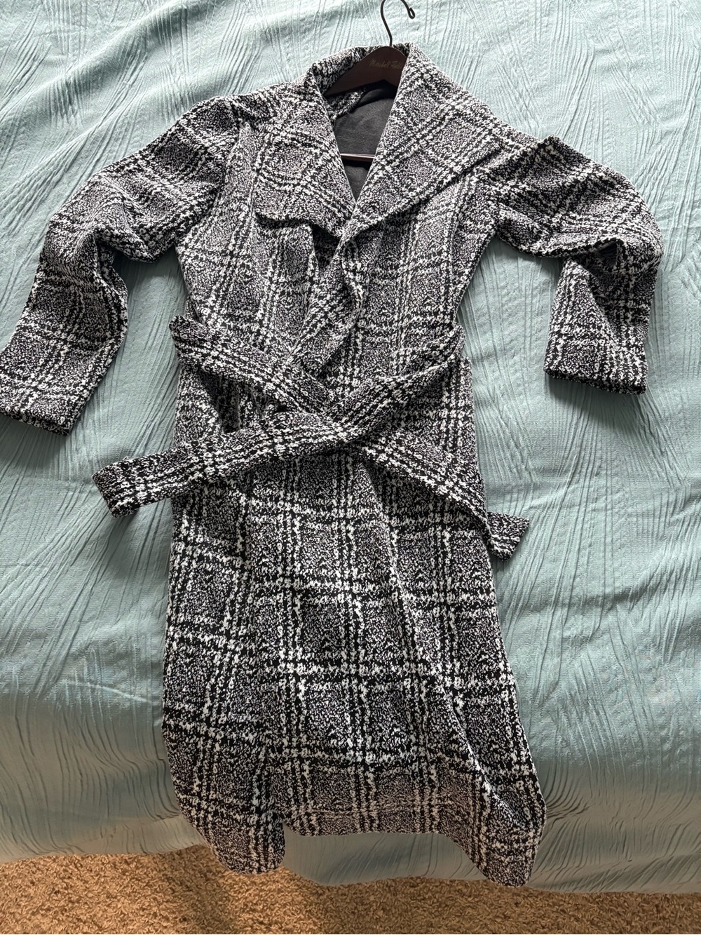Plaid Knit Belted Trench Coat - Black & White